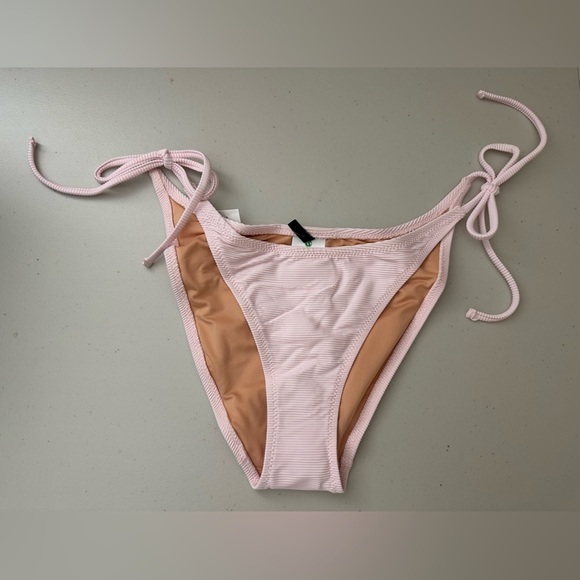 J.Crew Ribbed Curved-Waist Cheeky String Bikini Swim Bottom in Pale Pink Medium - Picture 1 of 7
